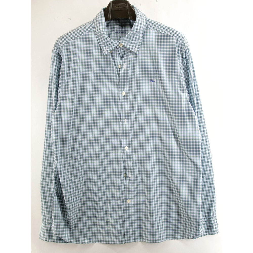 Vineyard Vines Performance Shirt XL Green Blue Plaid Classic Fit Whale Shirt